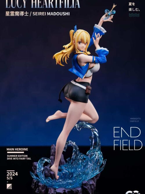 GuGu Studio 1/6 scale Lucy Heartfilia figure from Fairy Tail standing barefoot on one foot on a rocky base with clear blue water splashes and raising a key