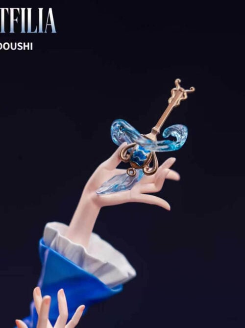 Close-up of Lucy Heartfilia's raised hand holding a gold key surrounded by a translucent blue water swirl effect