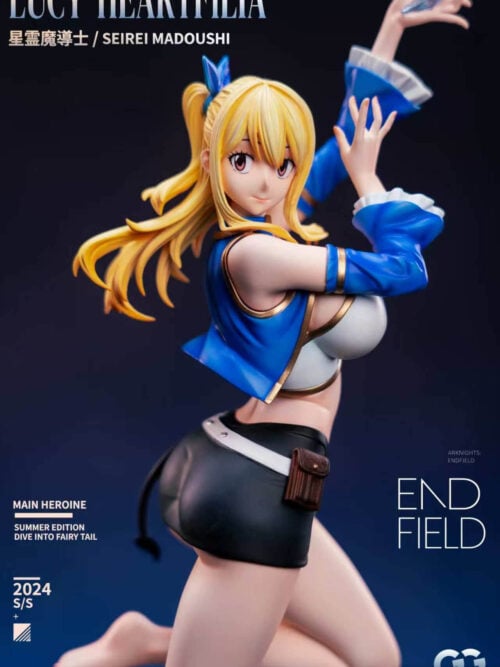 Medium view of the GuGu Studio Lucy Heartfilia figure showing her blonde side ponytail, blue and white top, black skirt with brown pouch, and raised arms
