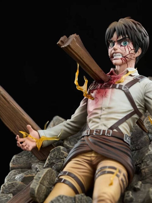 Front-left close-up of Eren Jaeger's upper body showing his bloodied face, gritted teeth, green eyes, wooden beam through the chest, and translucent yellow lightning strands.